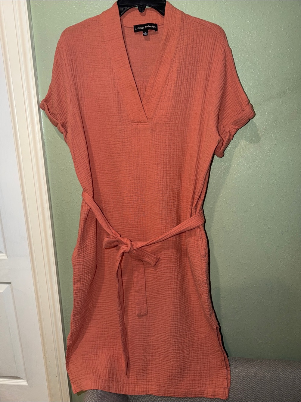 Catherine Malandrino Coral Orange V-Neck Tie-Waist gauze dress